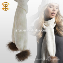 Genuine Raccoon Fur Pompom Plain Wool Crochet Scarf for Lady
